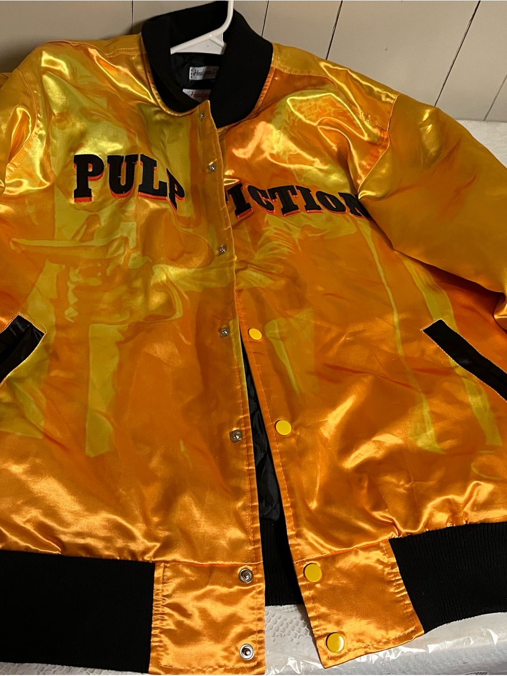 Nostalgia Satin Pulp Fiction Bomber Jacket in Shiny Orange and Black